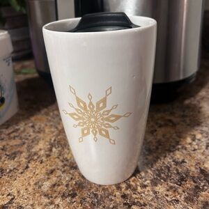 Elegant White and Gold Ceramic Travel Mug